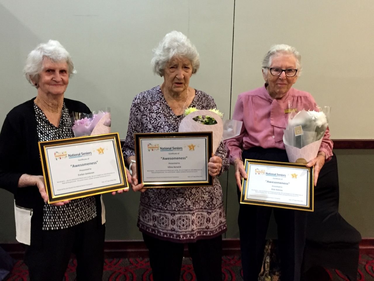 Recognising our three most senior Coorparoo Branch members at May 2021 meeting - L-R Evelyn Jamieson (Treasurer); Vilma Barwick; Elsie Debney (Committee member)