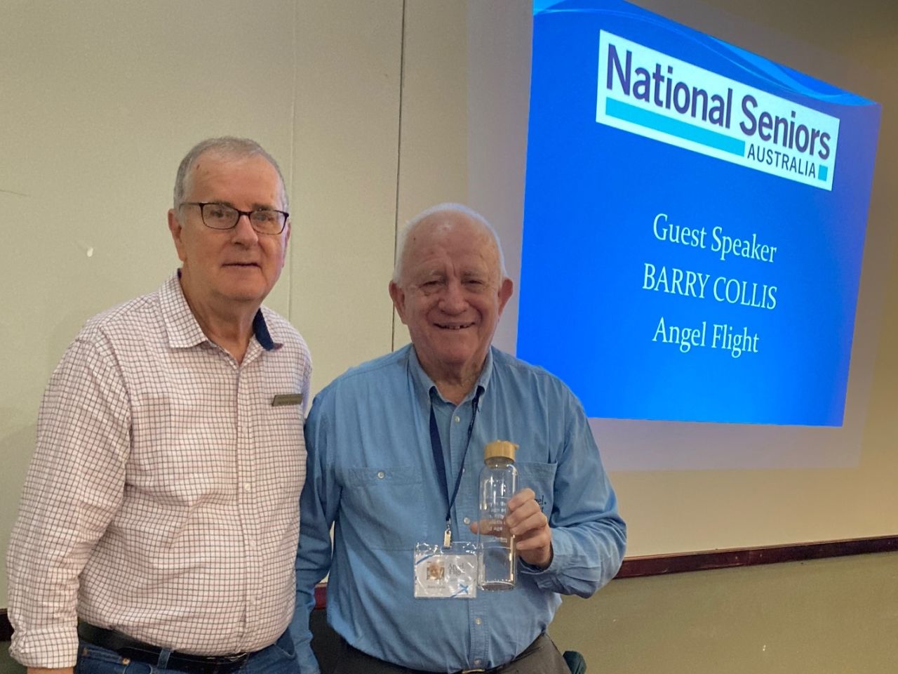 Barry Collis from Angel Flight - guest speaker at April 2022 Branch Meeting with Secretary Graham Tienan (L)