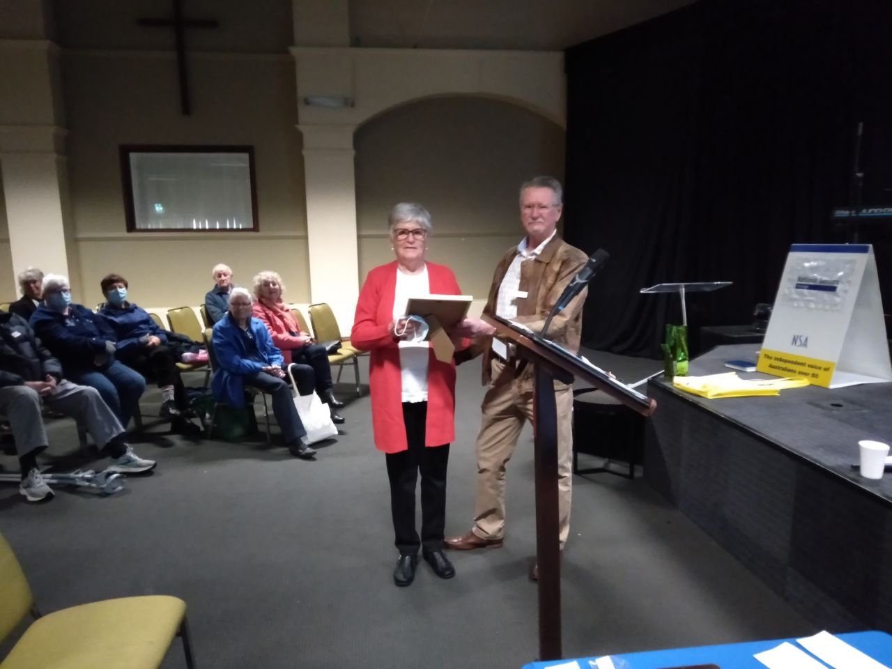 June Stevenson receiving the inaugural The Graeme Piggott Certificate of Appreciation for her long & dedicated work in the kitchen, from President Richard Arnold