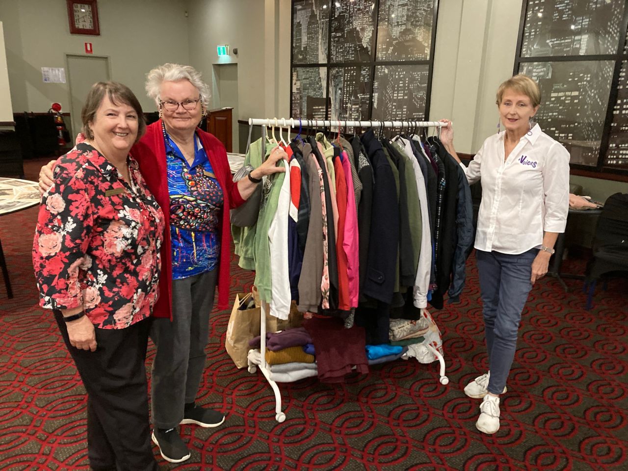 Winter Coat Drive in May resulted in over 50 items donated to not-for-profit organisation 4 Voices. L-R Freya Tienan, Coorparoo Branch President; Barb Marshall, branch member; Jo Westh, 4 Voices Global