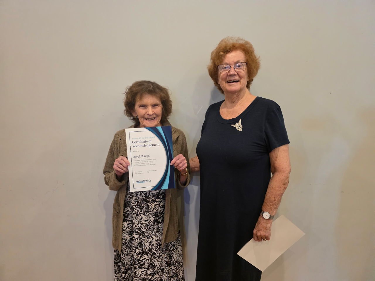 Beryl celebrated her Certificate of Acknowledgement, a member since 2002.
Desley our President.