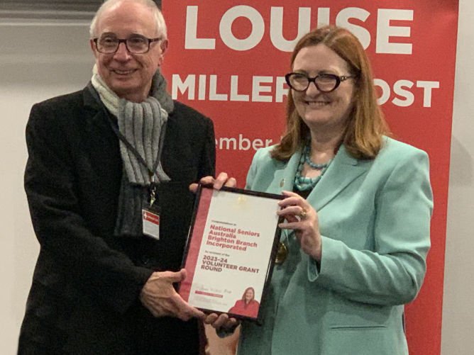 In June, 3 Branch Members attended an award ceremony for Volunteers in Boothby Ward. Brighton Branch received a certificate for being the recipient of a Federal Grant. Boothby MP Louise Miller-Frost is pictured presenting the award to Treasurer Bill Adams