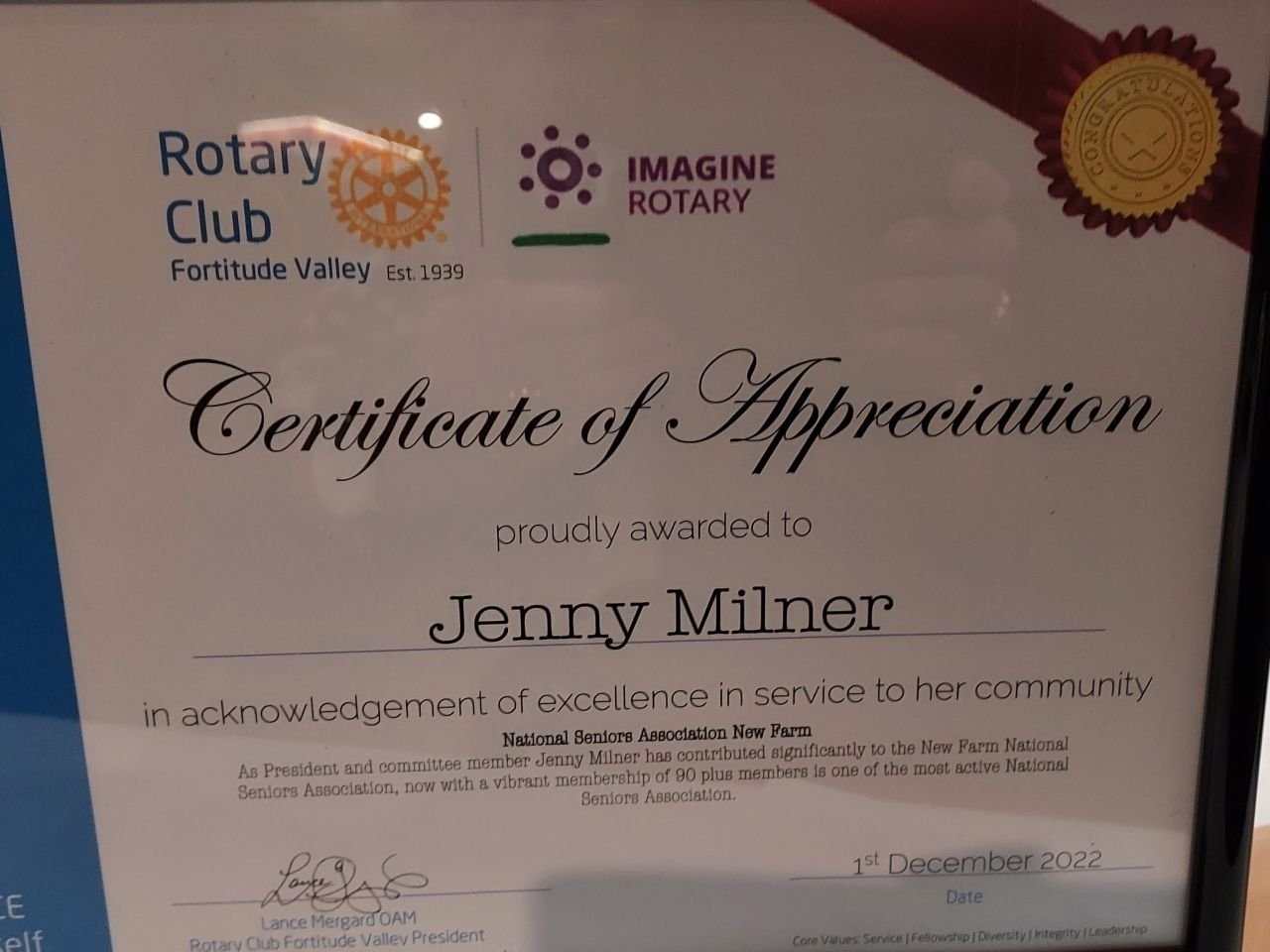 COMMUNITY AWARD: Rotary Club Certificate of Appreciation awarded to 
Jenny Millner for Excellence of Service to the Community. December 2022.