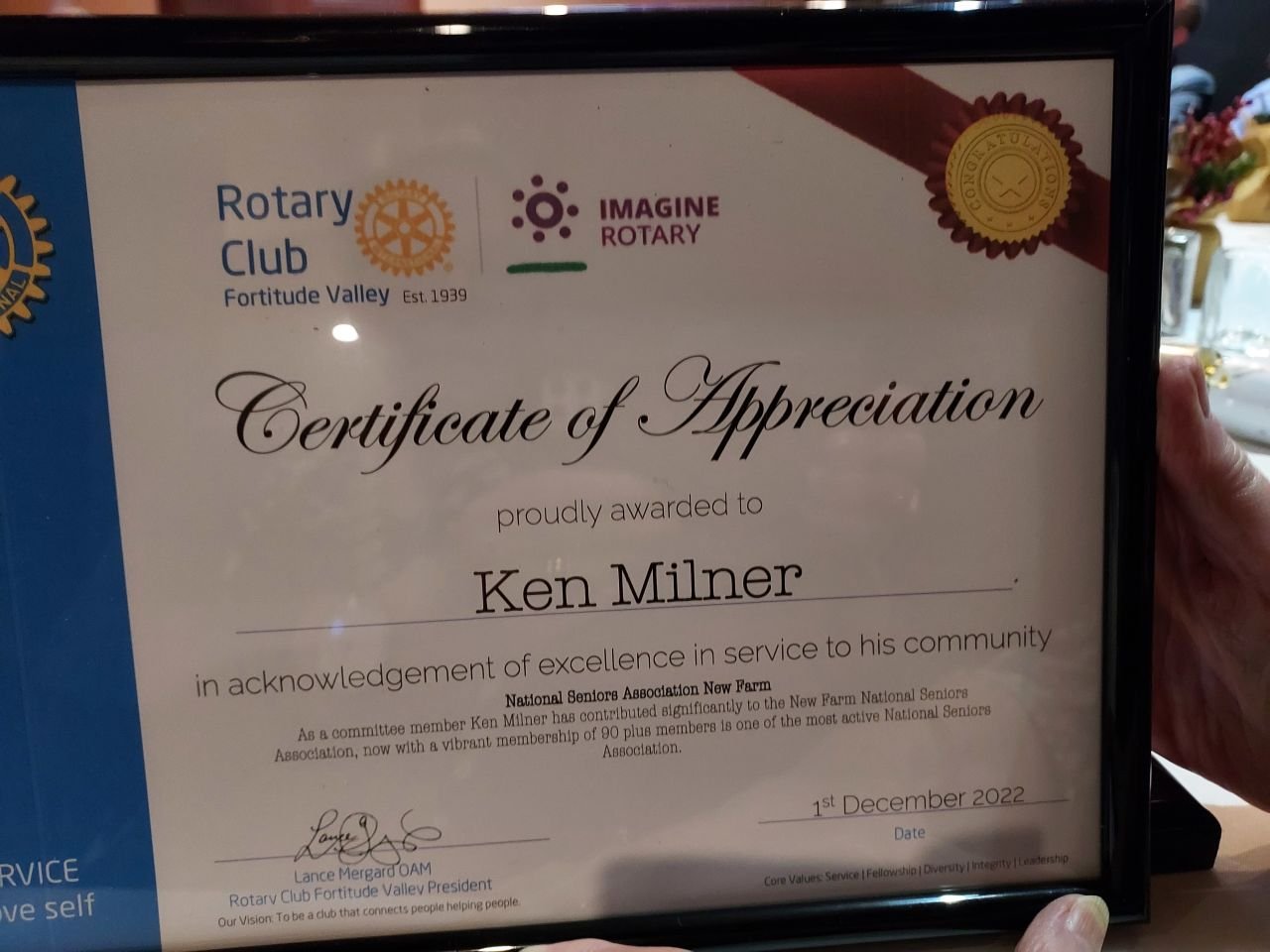 COMMUNITY AWARD: Rotary Club Certificate of Appreciation awarded to Ken Millner for Excellence of Service to the Community. December 2022