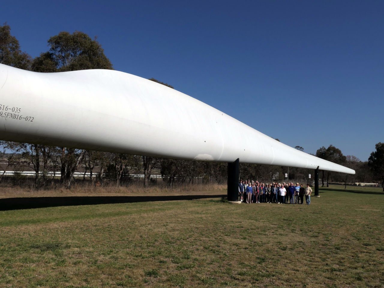 How big is a wind turbine blade - Group photo standing under one blade - Day 7 Dorrigo Trip 2023-09