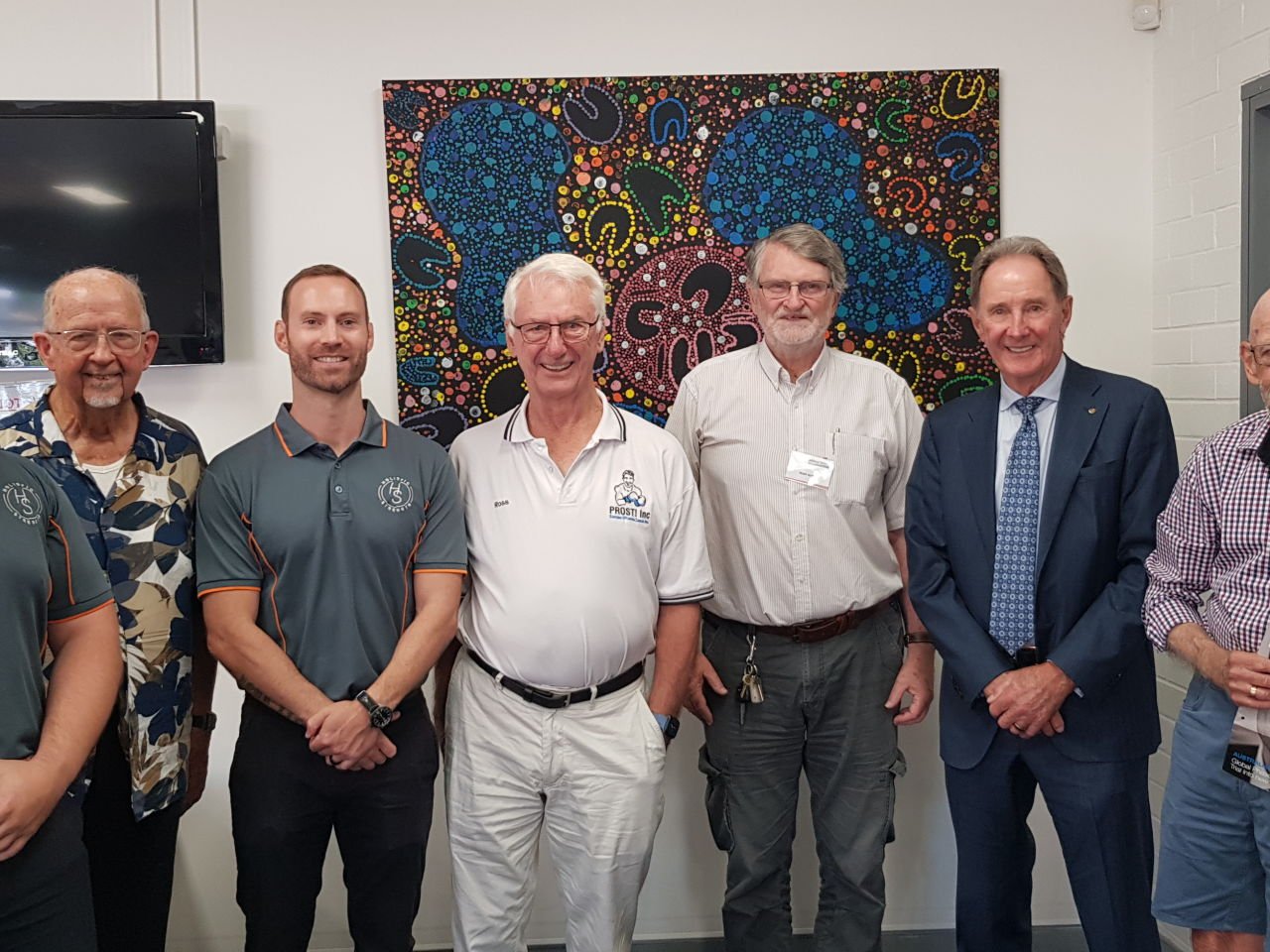 Zac Prince & Vian Botma, Exercise Physiologists, Ross Campbell, Member PROST and Jeff Leach, Chairman of PROST with Terry Flanagan, Terry Quinn and Curtis Clark following their guest presentation on Prostate Cancer