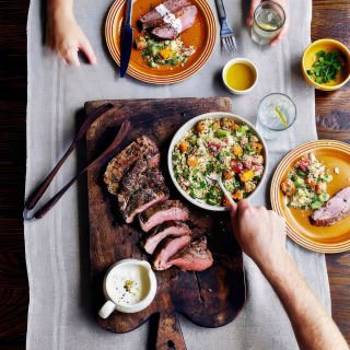 Grilled lamb with tahini sauce and pumpkin tabouli