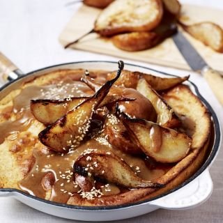 Skillet Hot Cake with Tahini Maple Pears