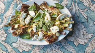 Grilled asparagus and artichokes with goat’s cheese and lemon oil