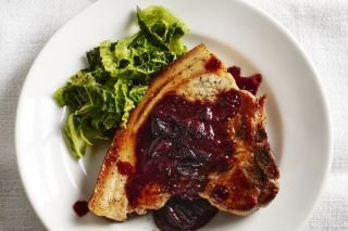 Pork chops with savoy cabbage & sloes