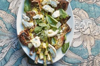 Grilled asparagus and artichokes with goat’s cheese and lemon oil