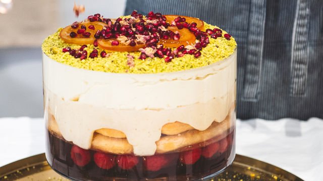 Spiced rosé, pistachio and orange trifle